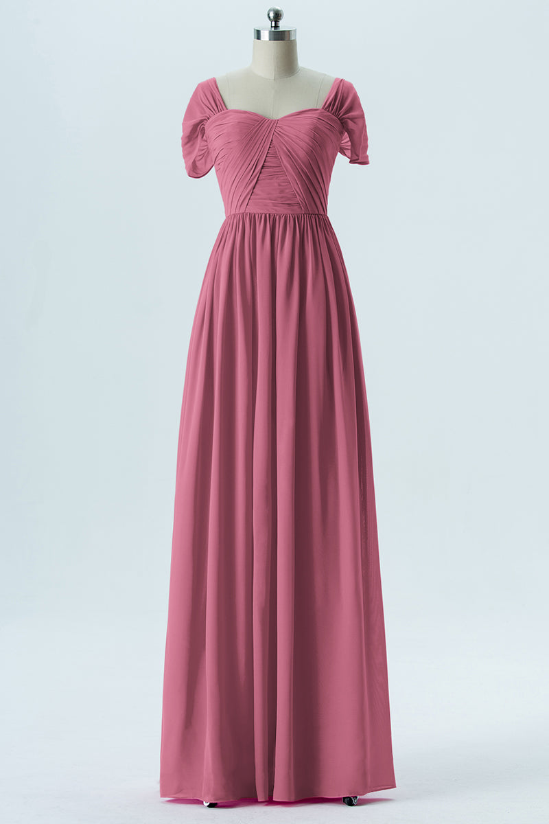 Chiffon Column Sweetheart Short Sleeves Bridesmaid Dress-B13661