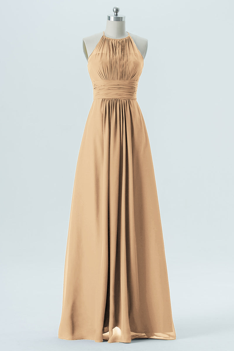 Chiffon Column Halter Sleeveless Bridesmaid Dress-B13670
