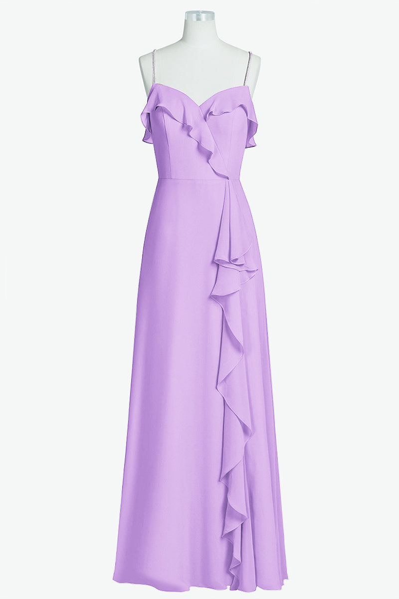 Chiffon Column Spaghetti Straps Sleeveless Bridesmaid Dress-B14056