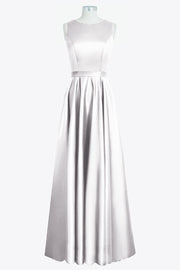 Satin Column Boat Neck Sleeveless Bridesmaid Dress-B14097