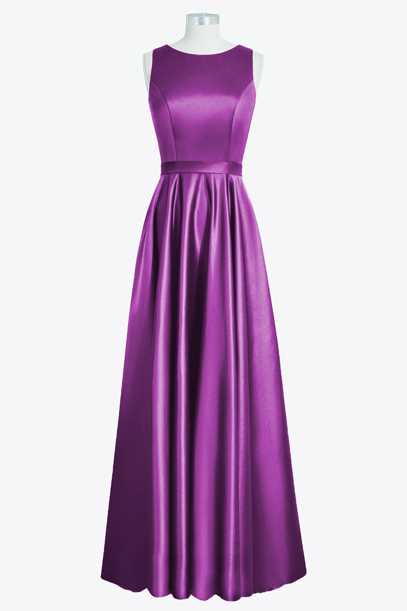 Satin Column Boat Neck Sleeveless Bridesmaid Dress-B14097