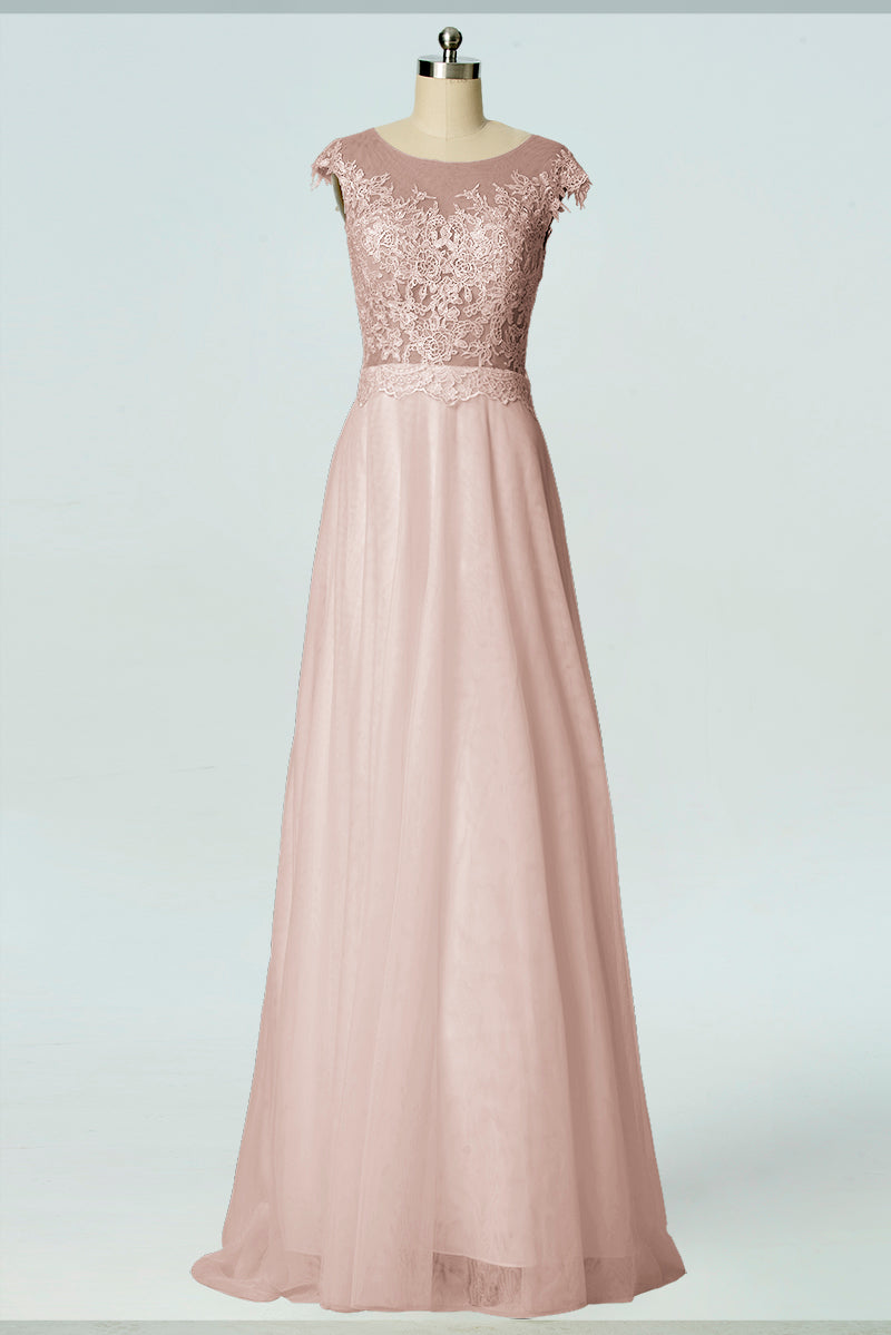 Lace Column Boat Neck Cap Sleeves Bridesmaid Dress-B19003