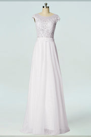 Lace Column Boat Neck Cap Sleeves Bridesmaid Dress-B19003