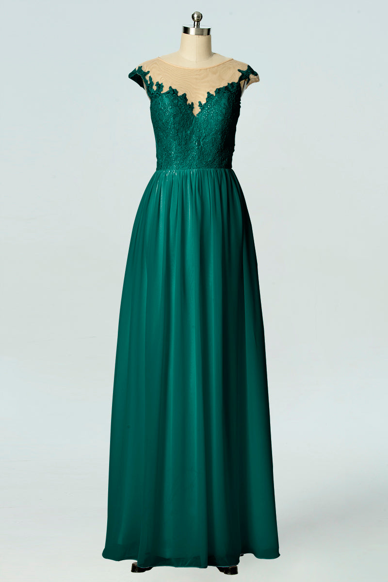 Lace Column V-Neck Cap Sleeves Bridesmaid Dress-B19004