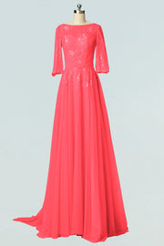 Lace Column Boat Neck Half Sleeves Bridesmaid Dress-B19007