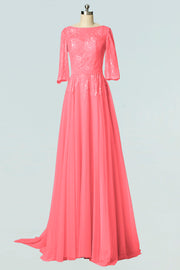 Lace Column Boat Neck Half Sleeves Bridesmaid Dress-B19007
