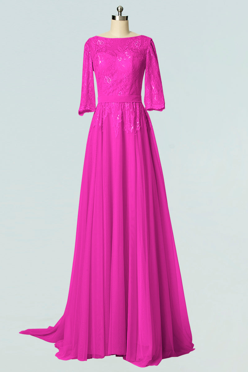 Lace Column Boat Neck Half Sleeves Bridesmaid Dress-B19007