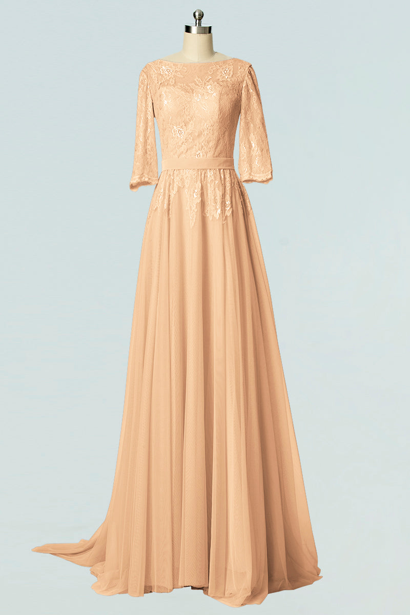 Lace Column Boat Neck Half Sleeves Bridesmaid Dress-B19007