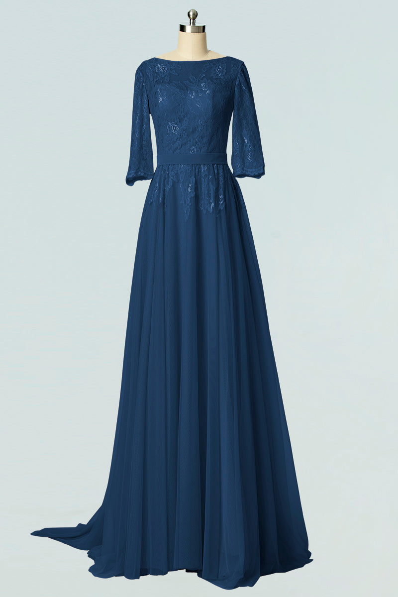 Lace Column Boat Neck Half Sleeves Bridesmaid Dress-B19007