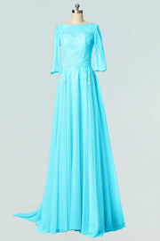 Lace Column Boat Neck Half Sleeves Bridesmaid Dress-B19007