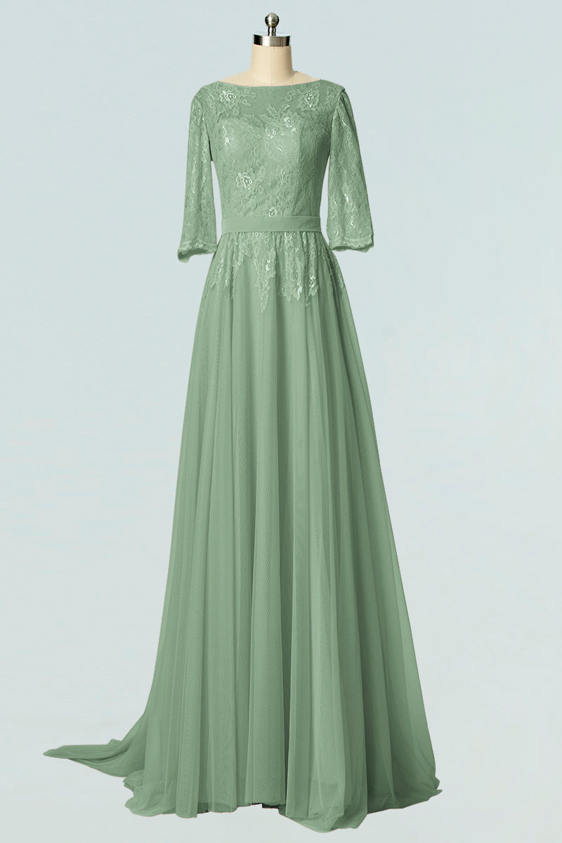 Lace Column Boat Neck Half Sleeves Bridesmaid Dress-B19007