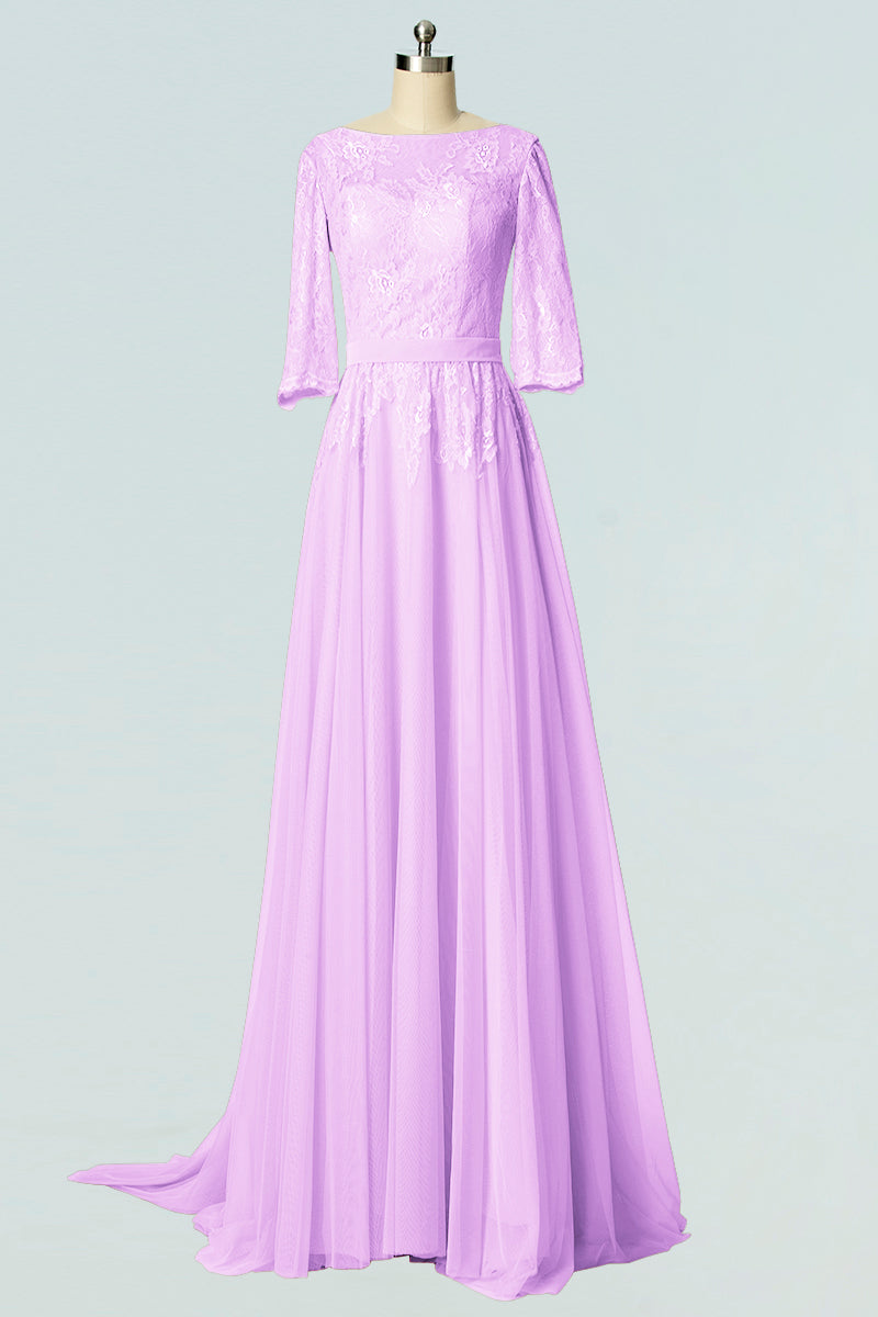 Lace Column Boat Neck Half Sleeves Bridesmaid Dress-B19007