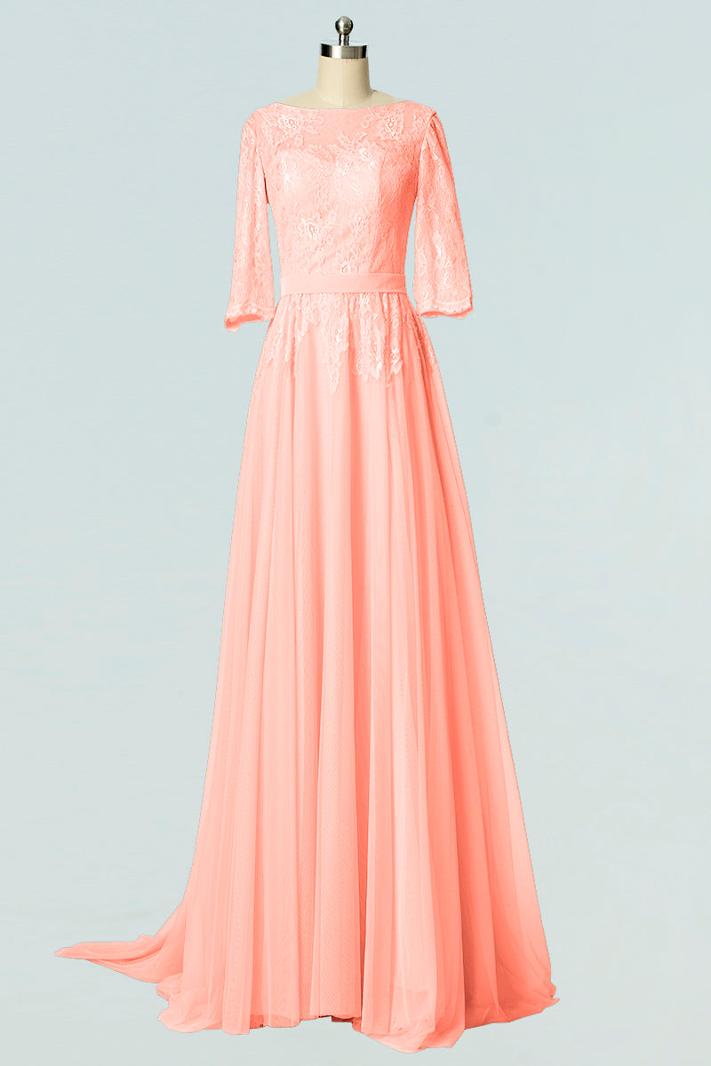 Lace Column Boat Neck Half Sleeves Bridesmaid Dress-B19007