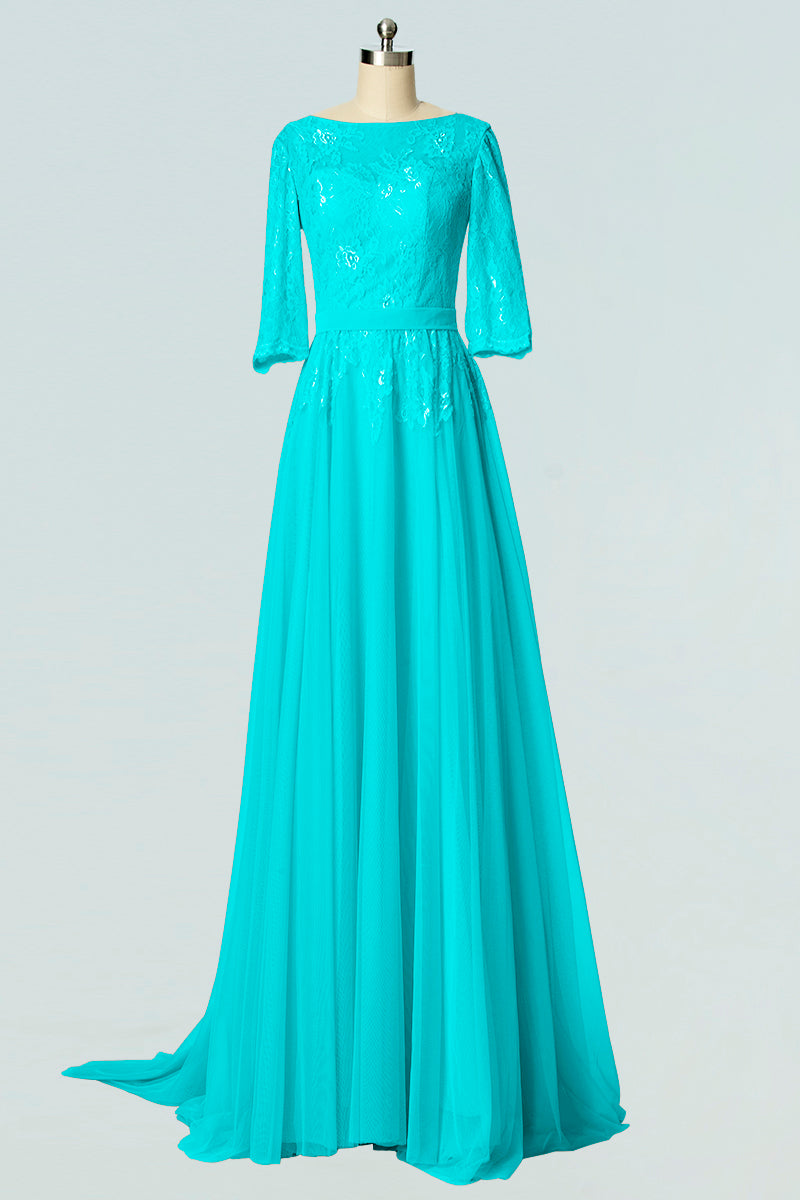 Lace Column Boat Neck Half Sleeves Bridesmaid Dress-B19007