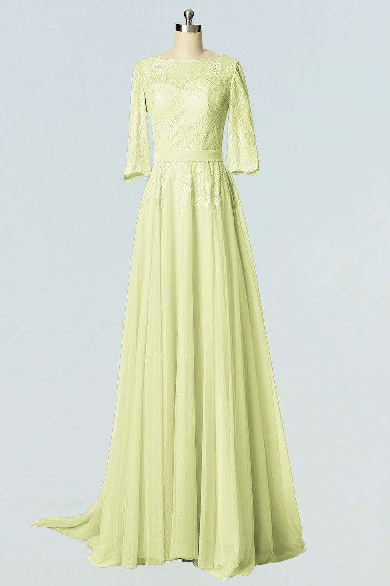 Lace Column Boat Neck Half Sleeves Bridesmaid Dress-B19007