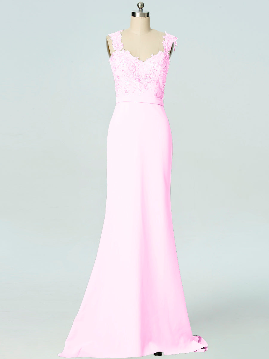 Lace Column V-Neck Sleeveless Bridesmaid Dress-B19033