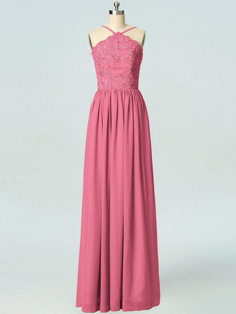 Lace Column Halter Sleeveless Bridesmaid Dress-B19044