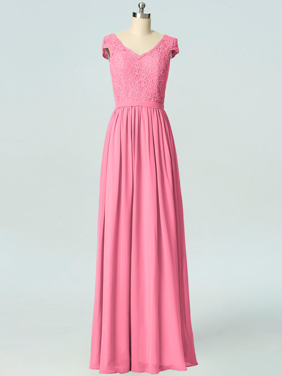 Lace Column V-Neck Cap Sleeves Bridesmaid Dress-B19045