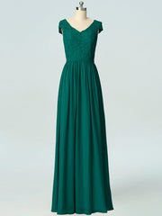 Lace Column V-Neck Cap Sleeves Bridesmaid Dress-B19045