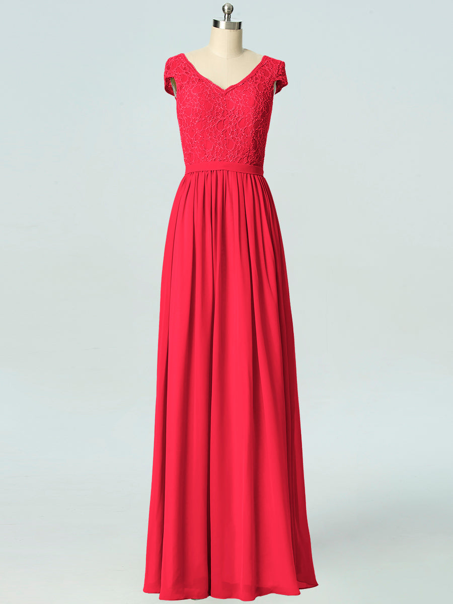 Lace Column V-Neck Cap Sleeves Bridesmaid Dress-B19045