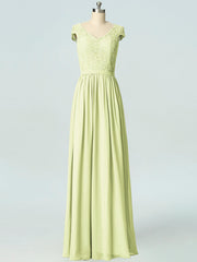 Lace Column V-Neck Cap Sleeves Bridesmaid Dress-B19045