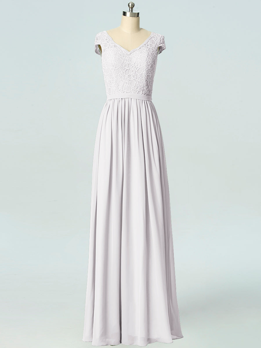 Lace Column V-Neck Cap Sleeves Bridesmaid Dress-B19045