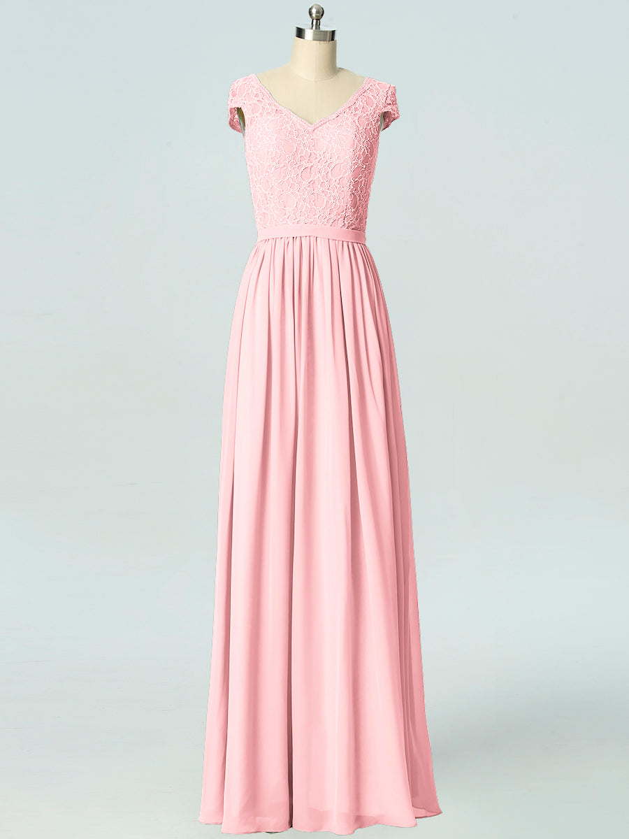 Lace Column V-Neck Cap Sleeves Bridesmaid Dress-B19045