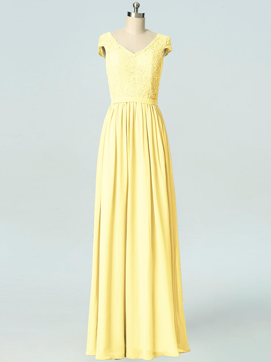 Lace Column V-Neck Cap Sleeves Bridesmaid Dress-B19045