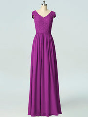 Lace Column V-Neck Cap Sleeves Bridesmaid Dress-B19045