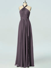 Chiffon Column Halter Sleeveless Bridesmaid Dress-B19047