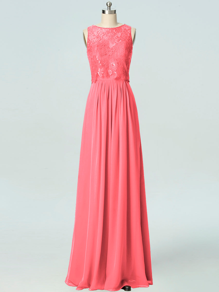 Lace Column Boat Neck Sleeveless Bridesmaid Dress-B19051