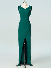 Chiffon Column V-Neck Sleeveless Bridesmaid Dress-B19054