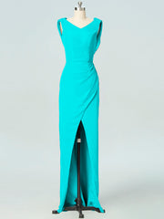 Chiffon Column V-Neck Sleeveless Bridesmaid Dress-B19054