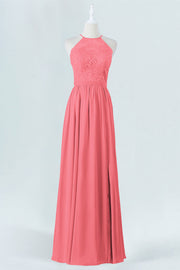 Lace Column Halter Sleeveless Bridesmaid Dress-B19074