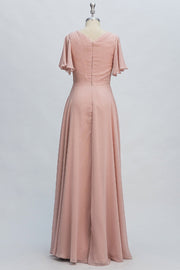 Chiffon V-Neck Sheer Sleeves Bridesmaid Dress| Plus Size | 60+ Colors