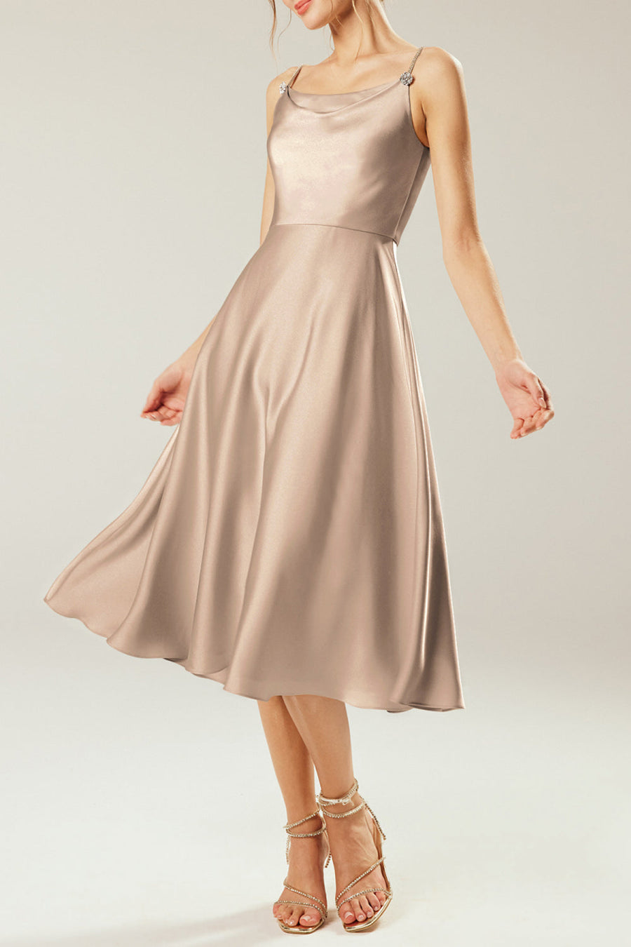 Stretch Satin A-Line Cowl Neck Sleeveless Bridesmaid Dress-B19335