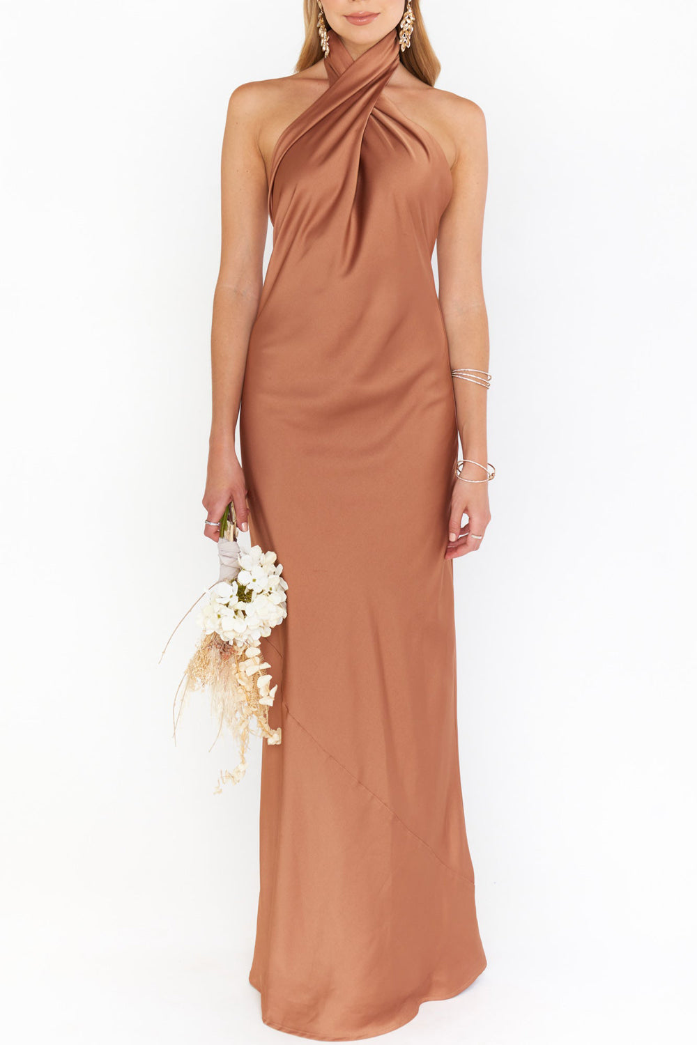 halter bridesmaid dress satin Sassy Gold Satin Halter Open Back Bridesmaid Gown