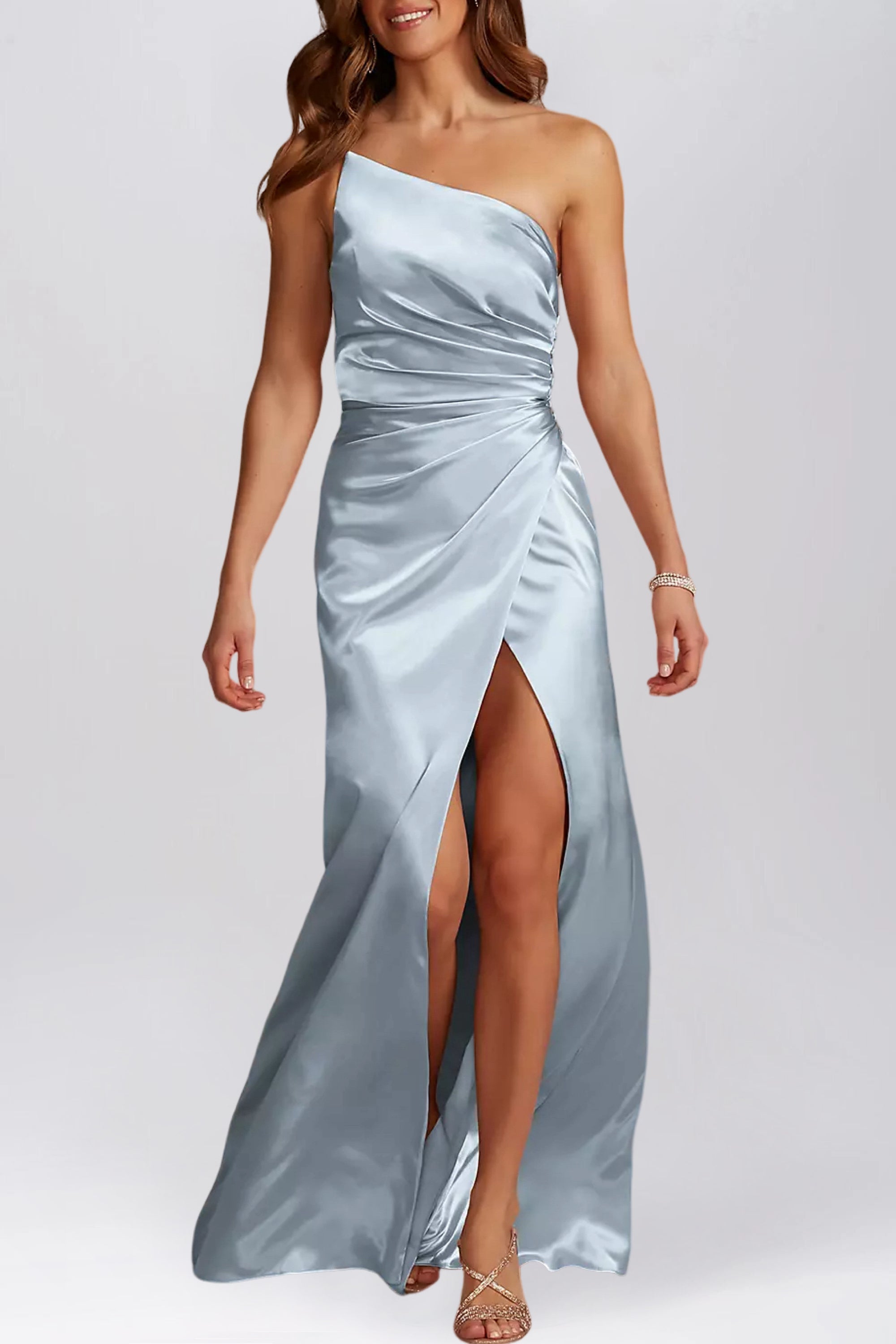 Stretch Satin One Shoulder Sleeveless Bridesmaid Dress| Plus Size Stretch Satin One Shoulder Sleeveless Bridesmaid Dress| Plus Size