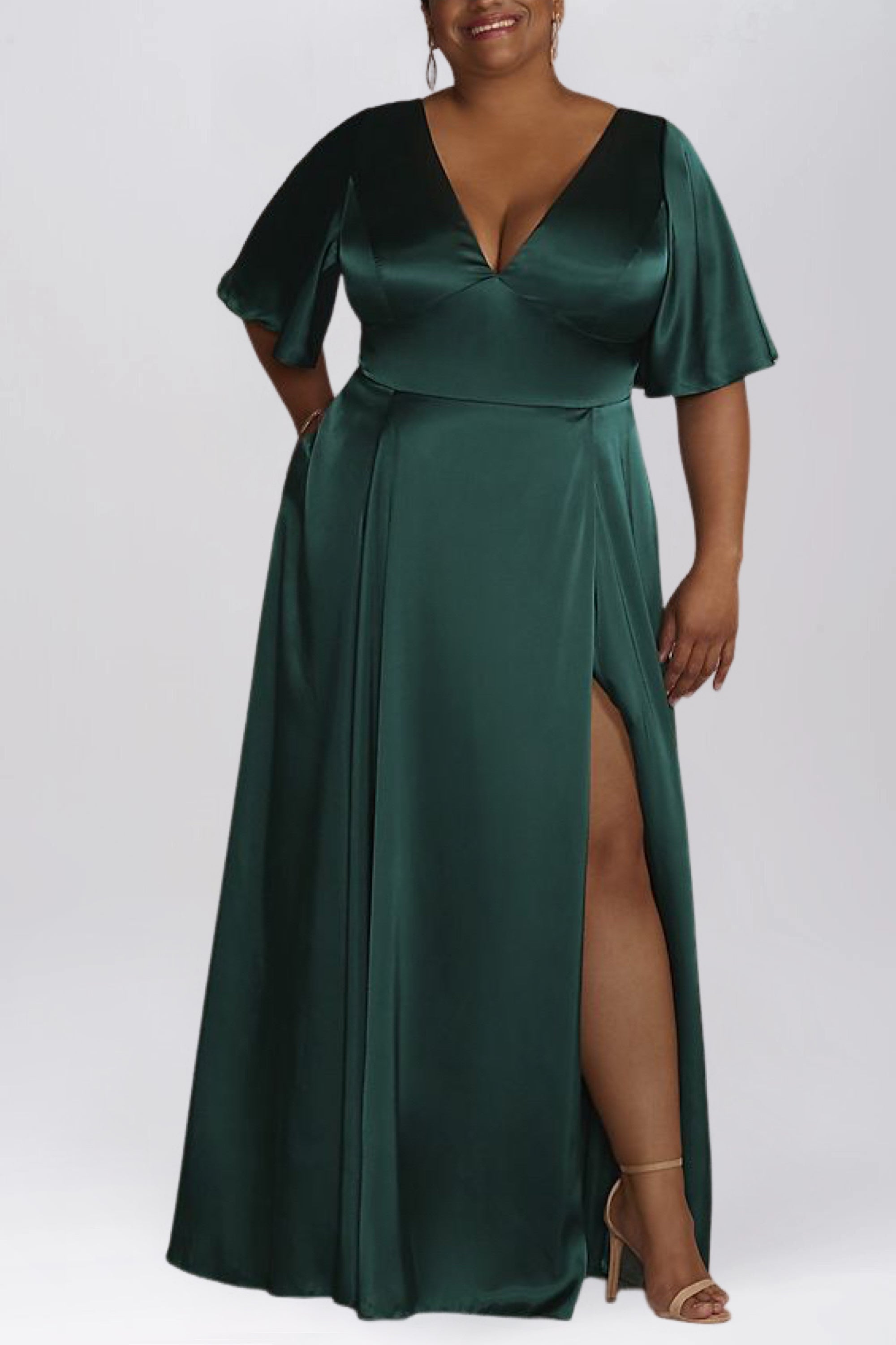 Stretch Satin A-Line V-Neck Half Sleeves Bridesmaid Dress-B19805