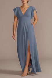 Chiffon A-Line V-Neck Half Sleeves Bridesmaid Dress-B19807