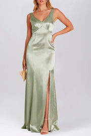 Stretch Satin Column V-Neck Sleeveless Bridesmaid Dress-B19810