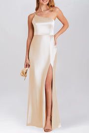 Stretch Satin Column One Shoulder Sleeveless Bridesmaid Dress-B19811