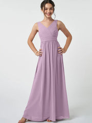 Chiffon A-Line V-Neck Sleeveless Junior Dress-BJ00007