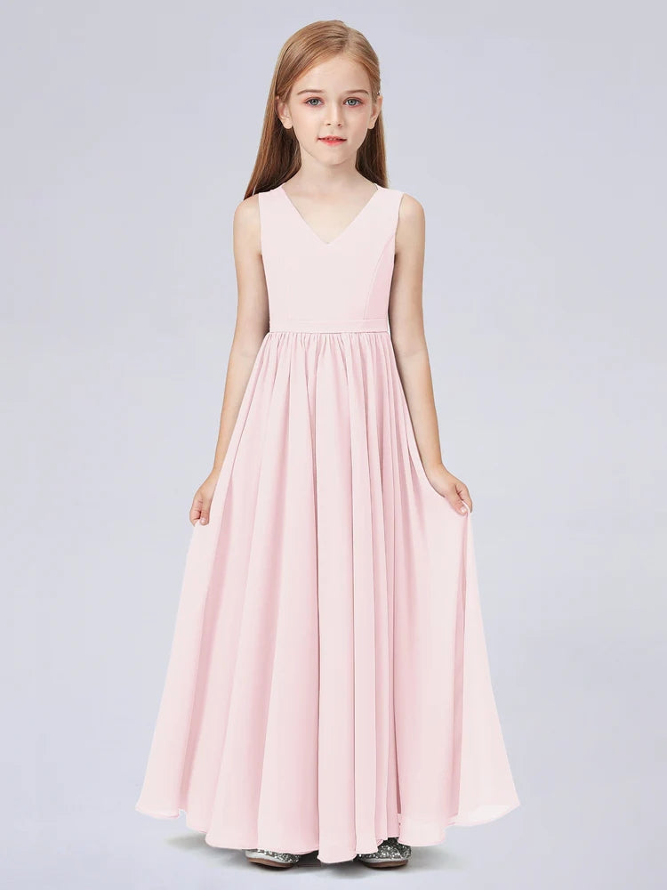 Chiffon A-Line V-Neck Sleeveless Junior Dress-BJ00016